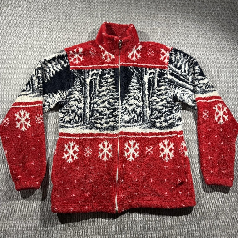 Vintage Art Unlimited Jacket Mens‎ Large Red Fleece Zip Snowflake Christmas Ski
